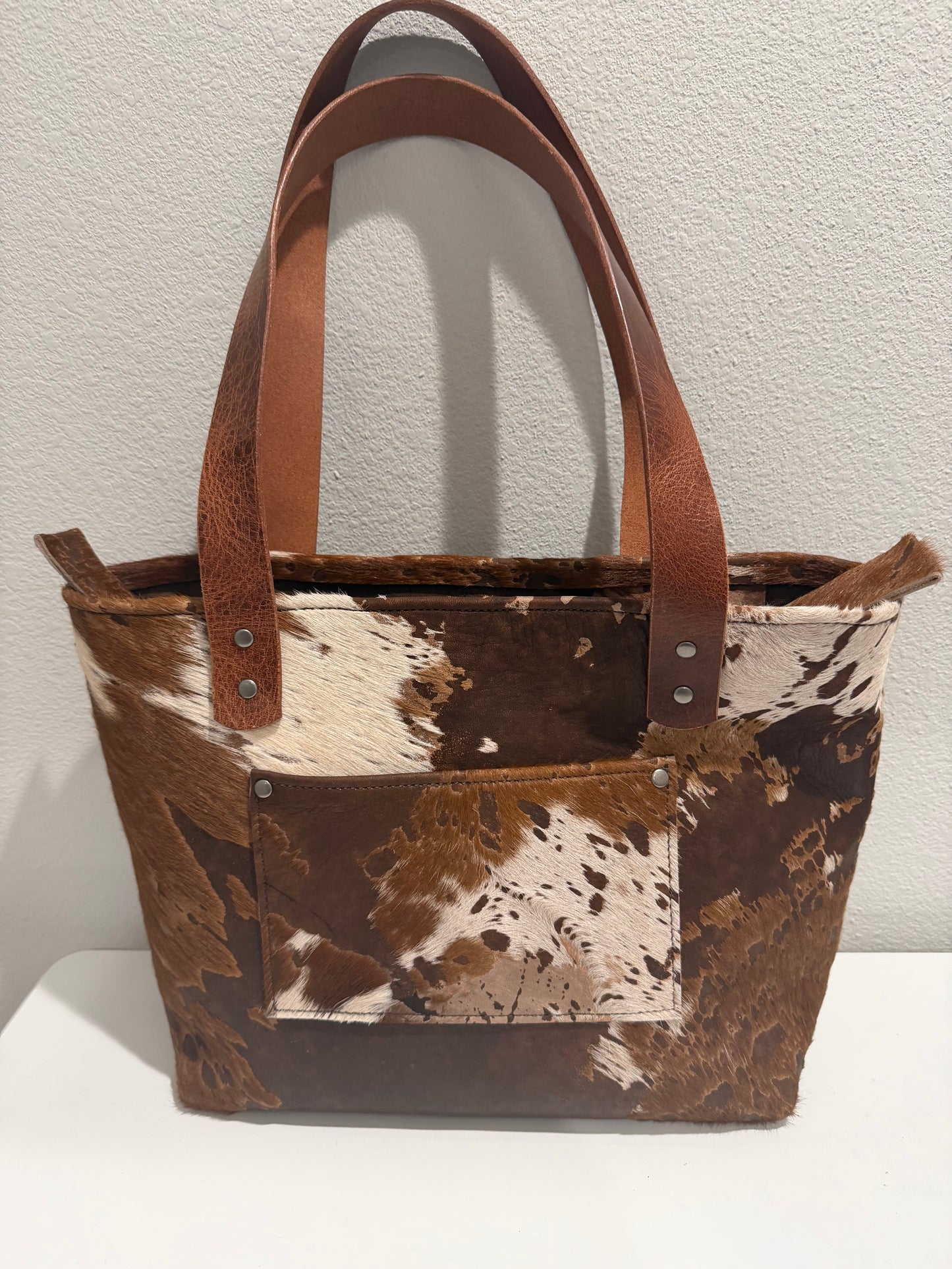 Brown and White Medium Leather Tote