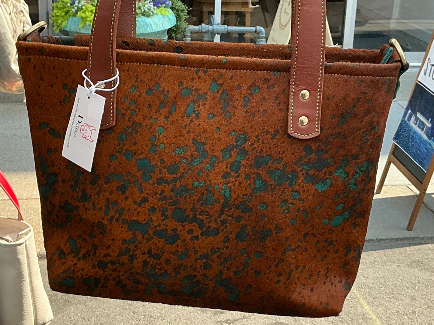 Brown and Green Hair On Medium Leather Tote