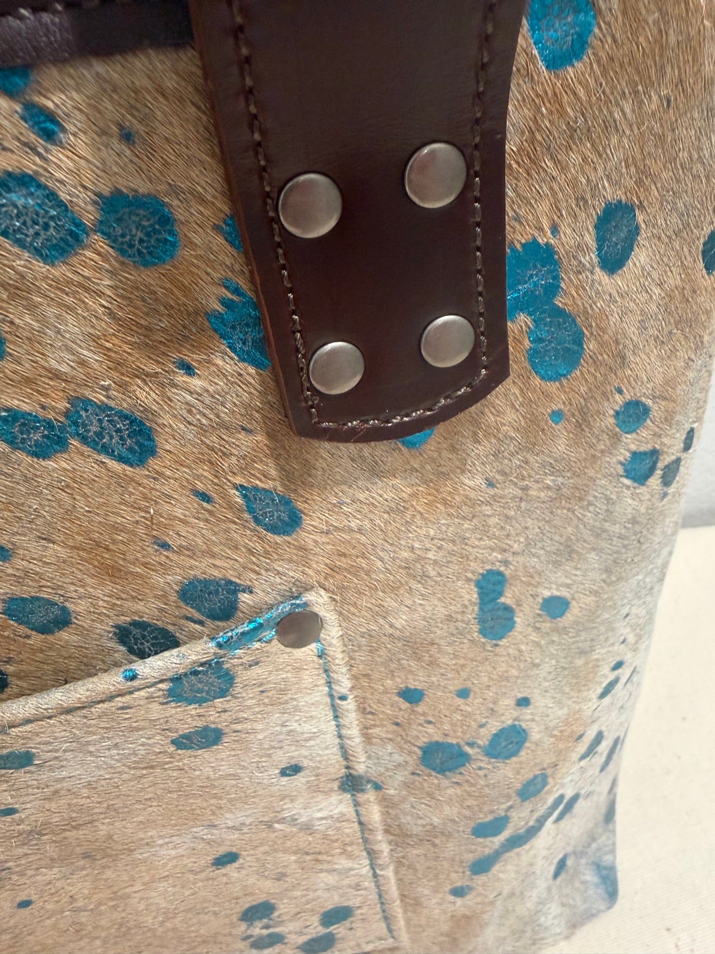 Brown/Metallic Teal Large Leather Tote