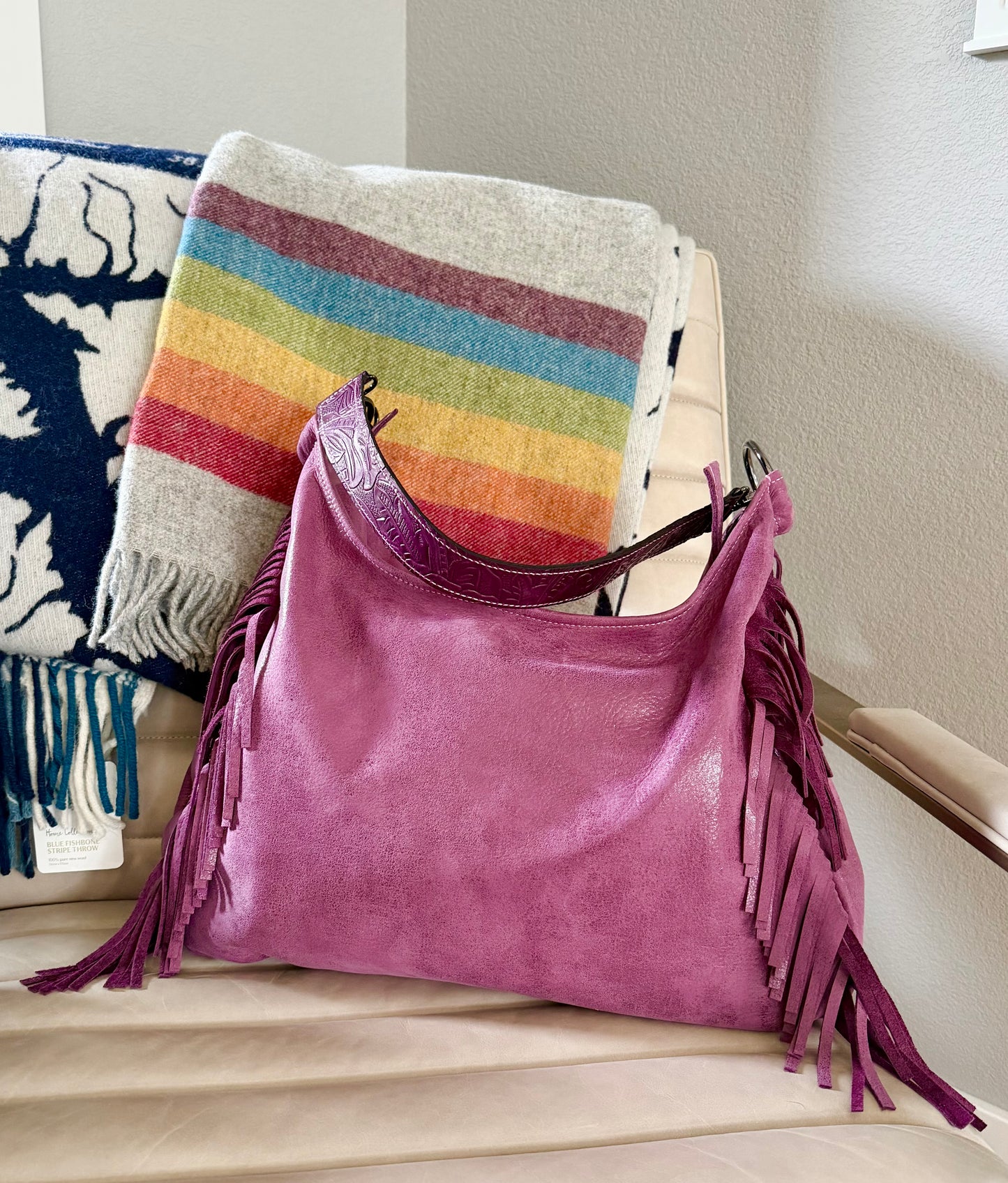 Fringe Leather BOHO Bag Plum