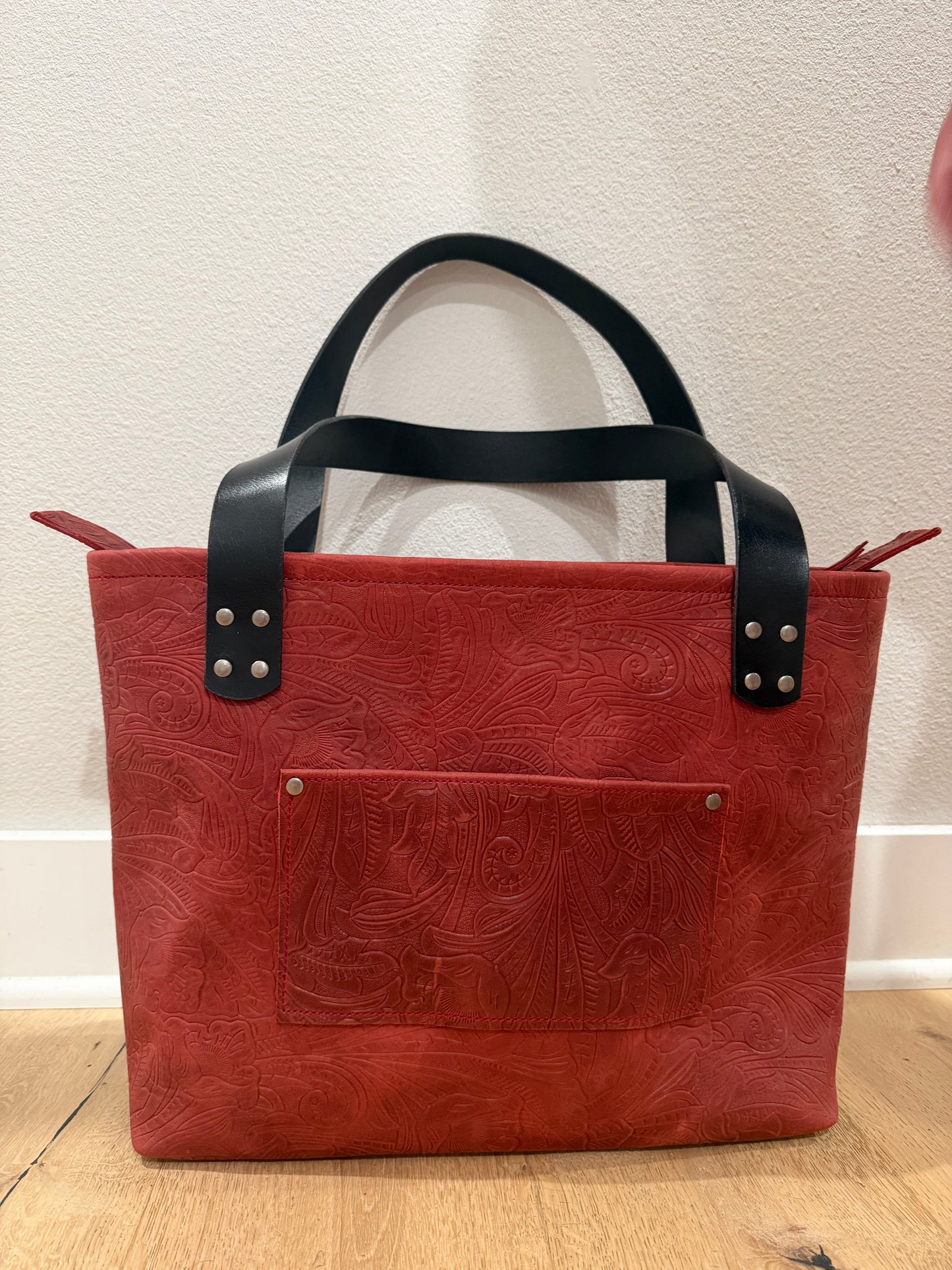 Red Embossed Cowhide Large Leather Tote