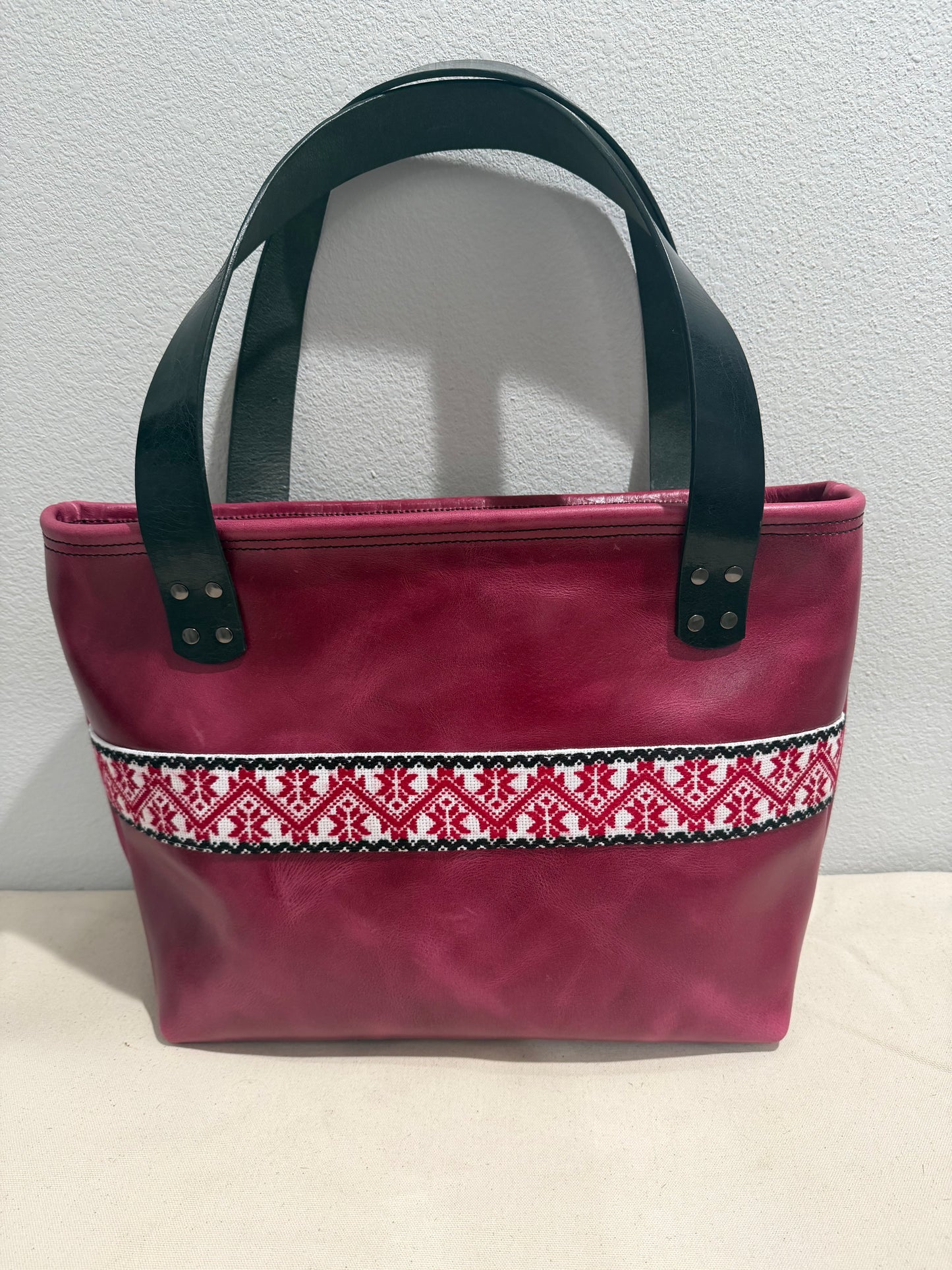 Raspberry Large Leather Tote W/ Hand Embroidered Band
