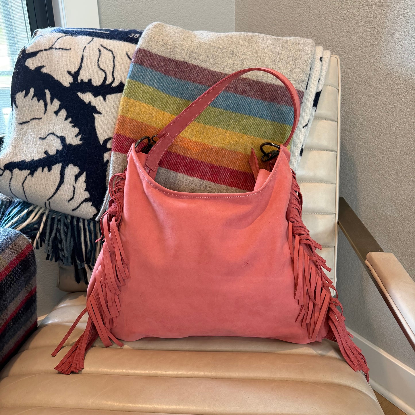 Fringe Leather BOHO Bag Antique Pink