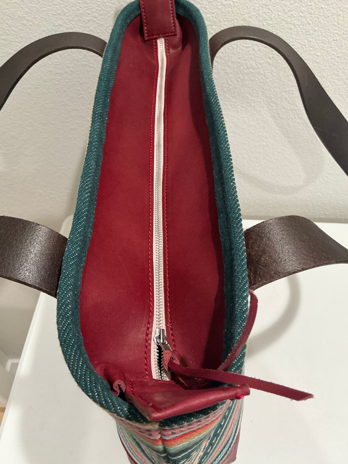 Leather and Southwestern Woven Fabric Tote - Burgundy/Green