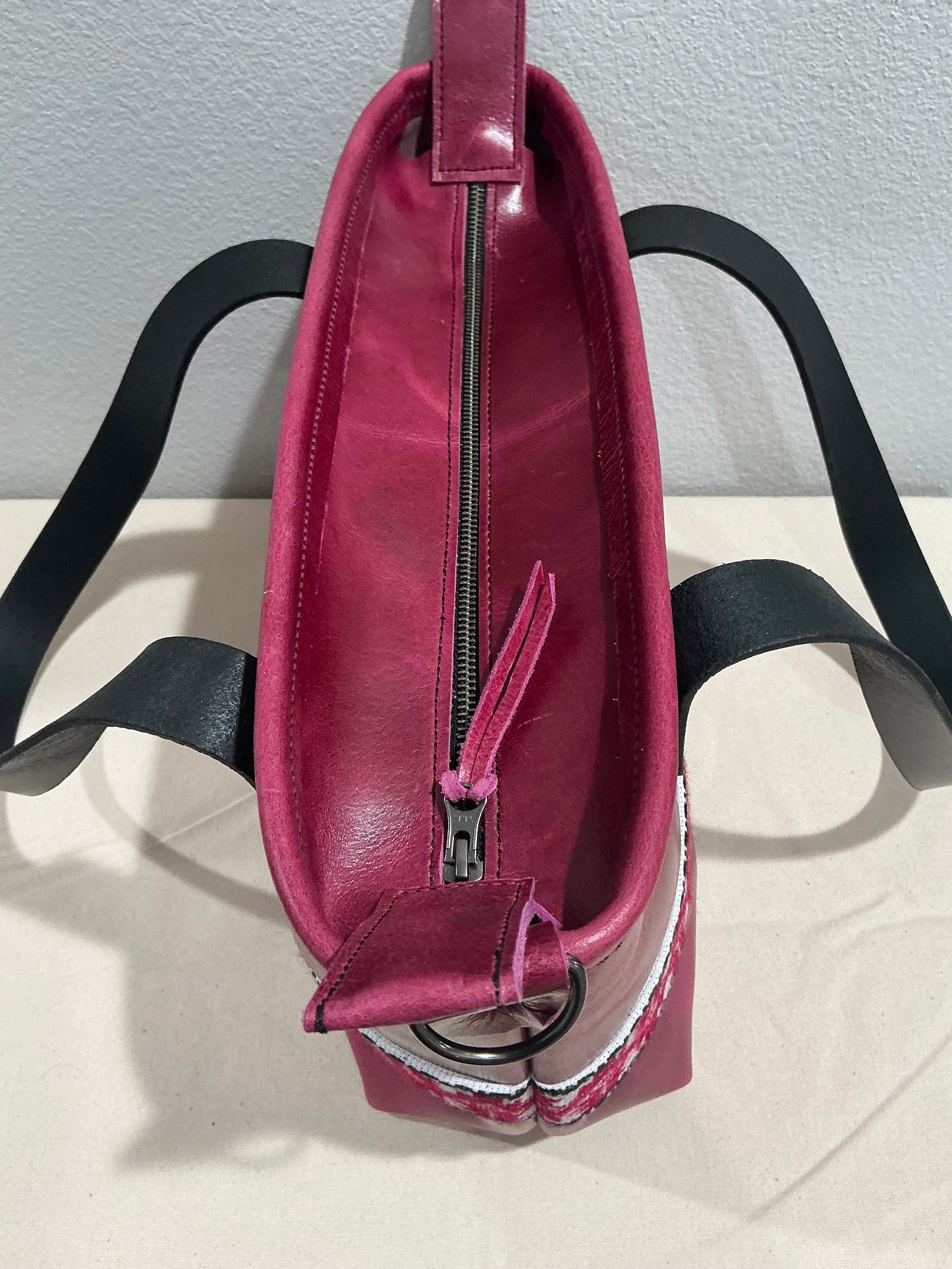 Raspberry Medium Leather Tote W Hand Embroidered Band