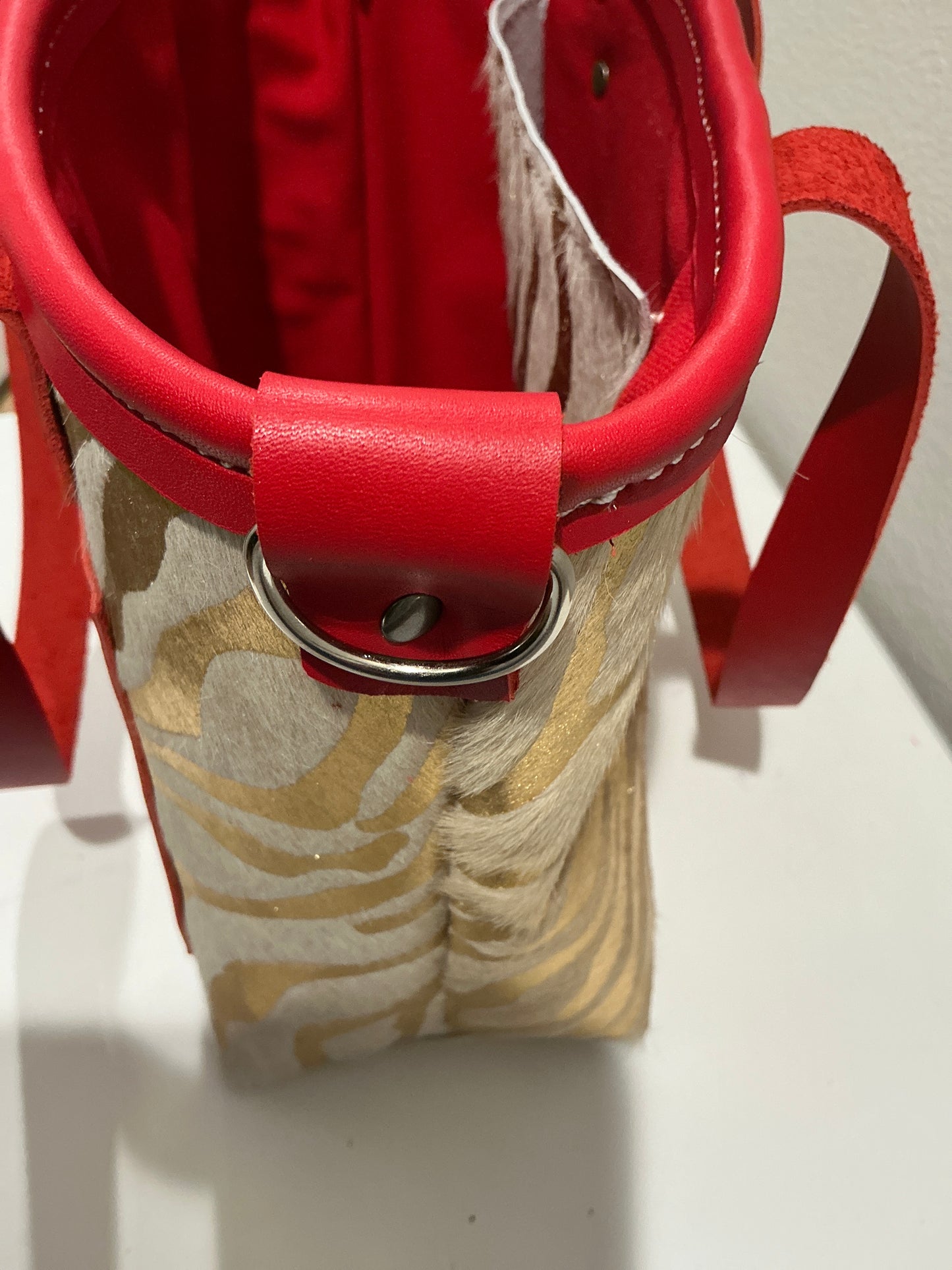 Small Leather Tote Bag - Red/White/Gold