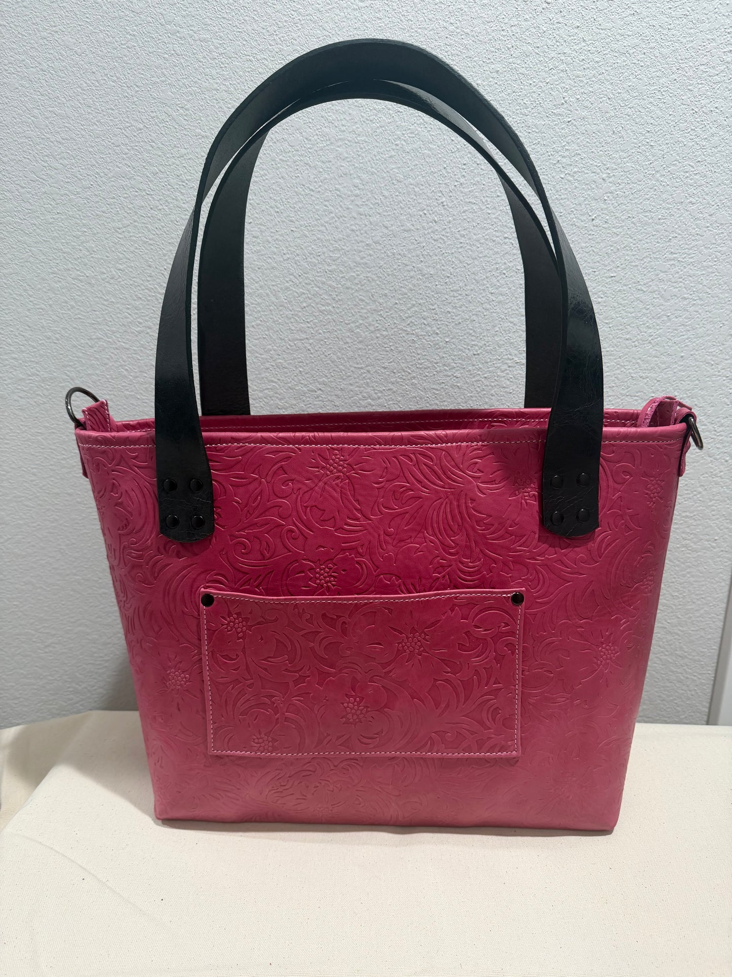 Blush Pink Floral Embossed Large Leather Tote Bag