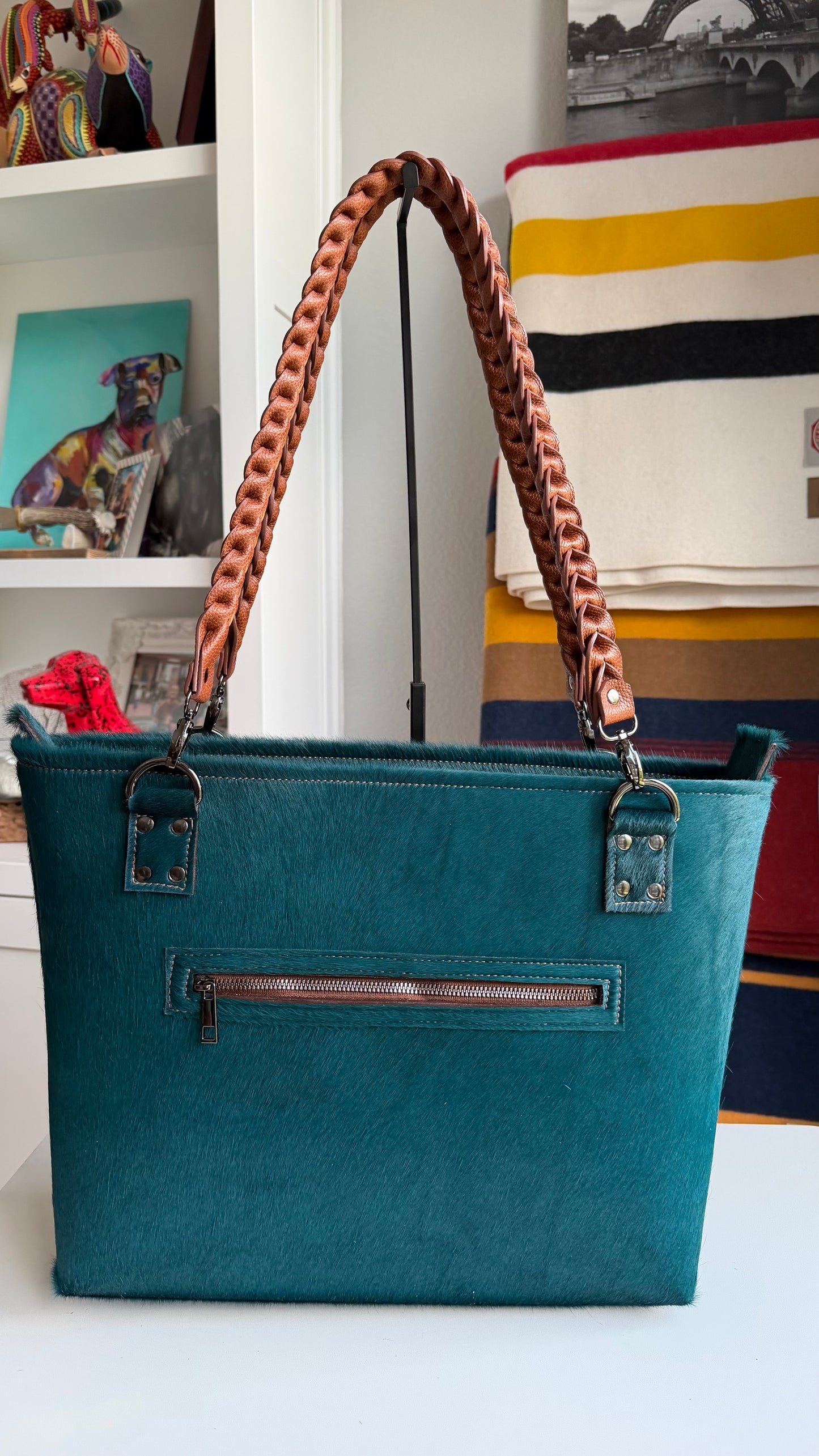 Turquoise Hair On Large Leather Bag with Braided Leather Handles