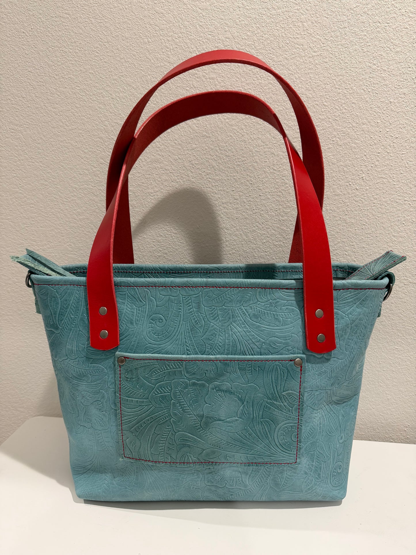 Medium Leather Tote Bag - Turquoise Embossed w/ Red Straps