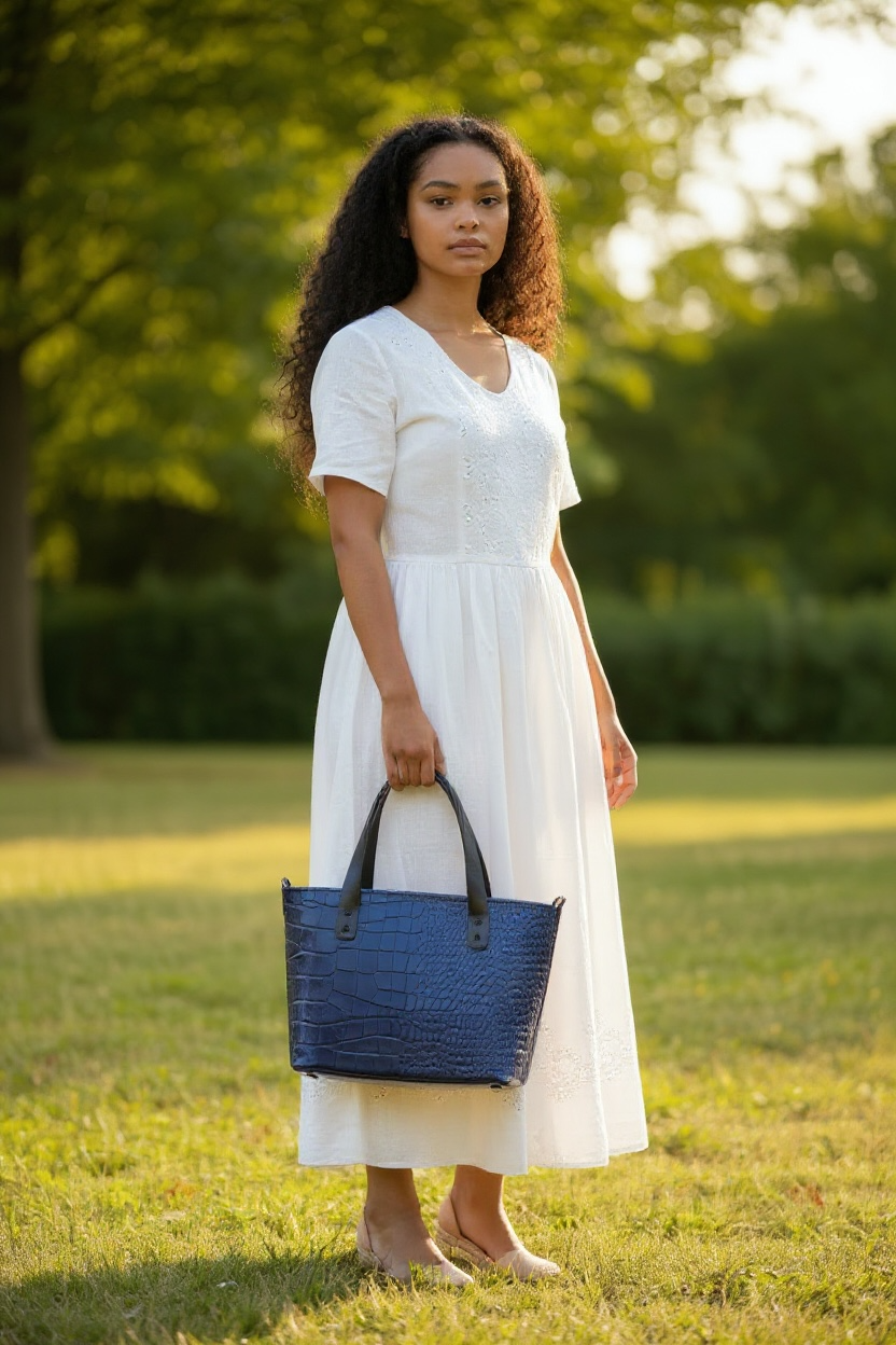 Cobalt Blue Crocodile Embossed Leather Medium Bag