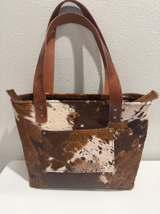 Brown and White Medium Leather Tote