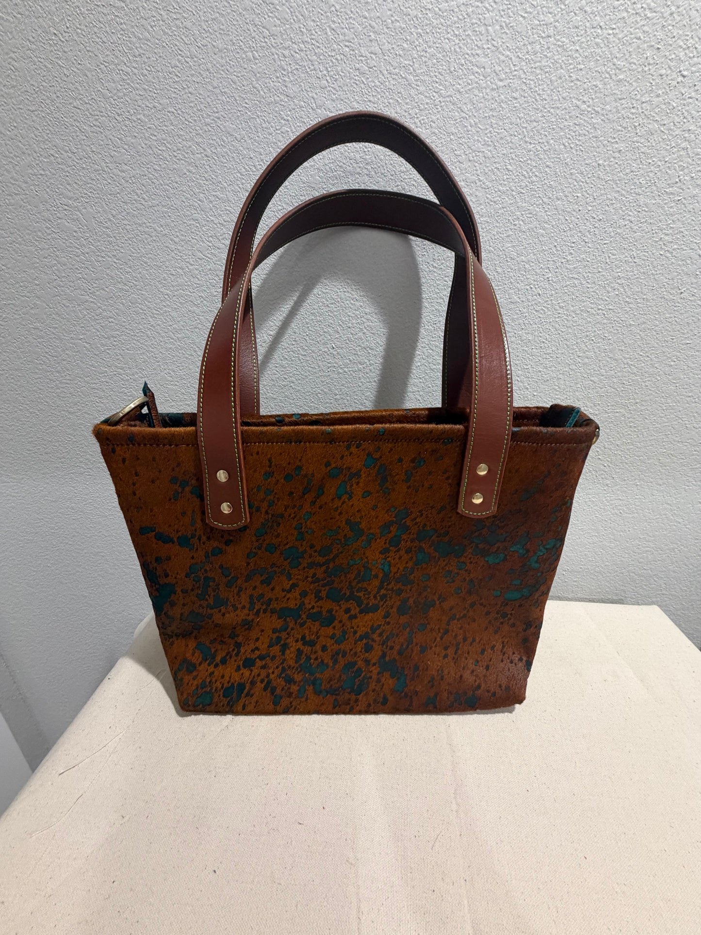 Brown and Green Hair On Medium Leather Tote