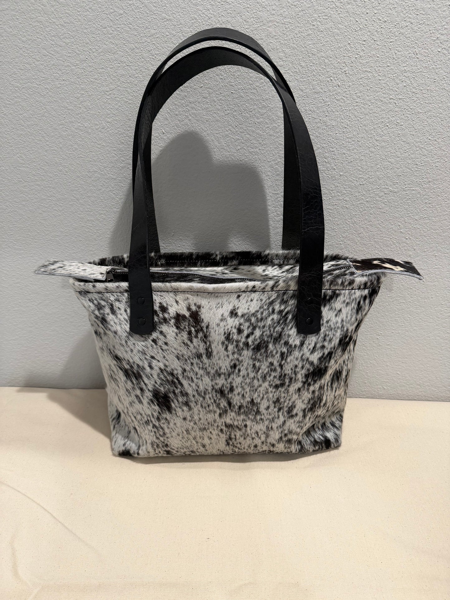 Medium Leather Tote Bag - Black/White Cowhide 1