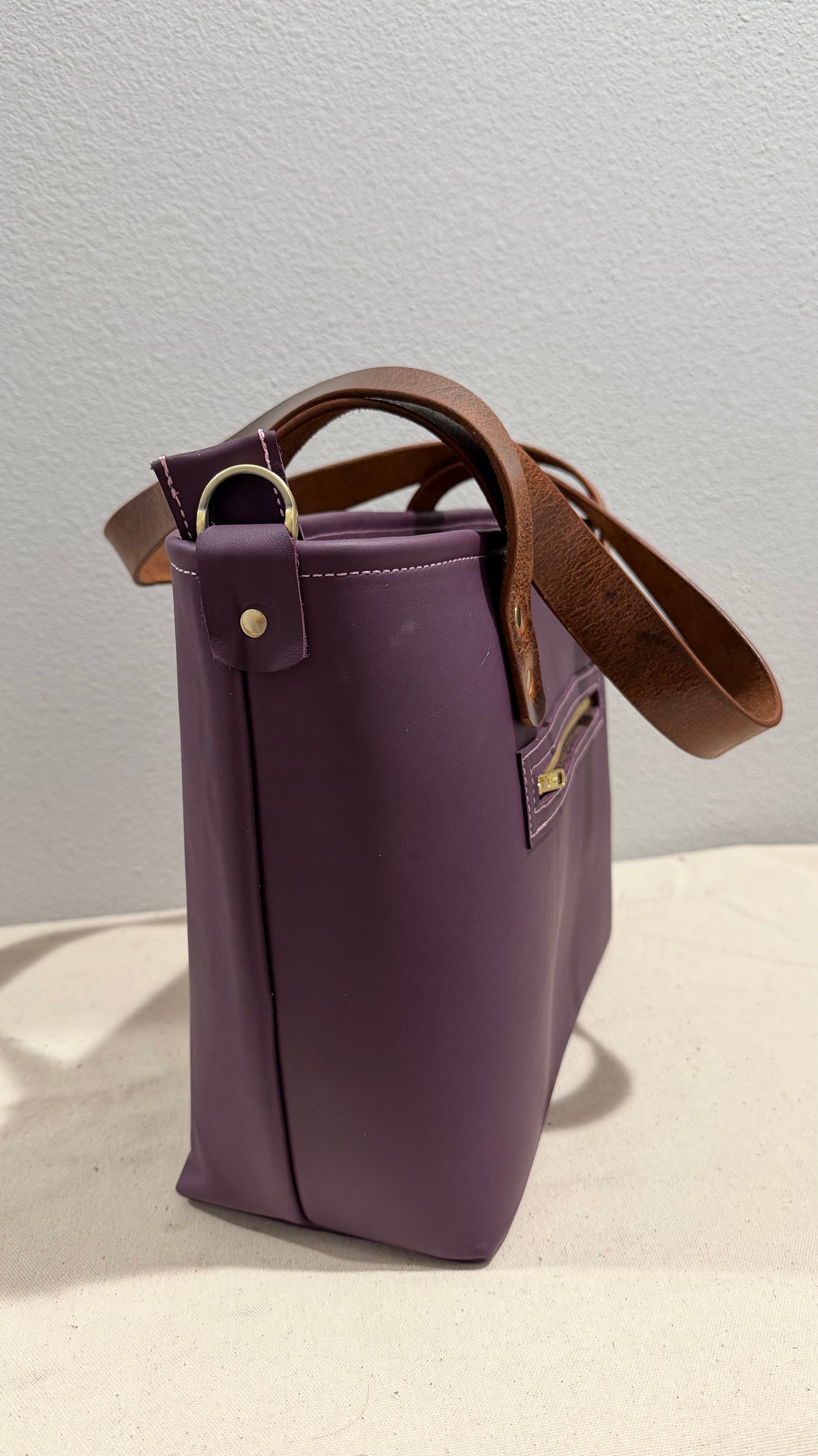 Pink Quilt Star on Eggplant Leather Medium Bag