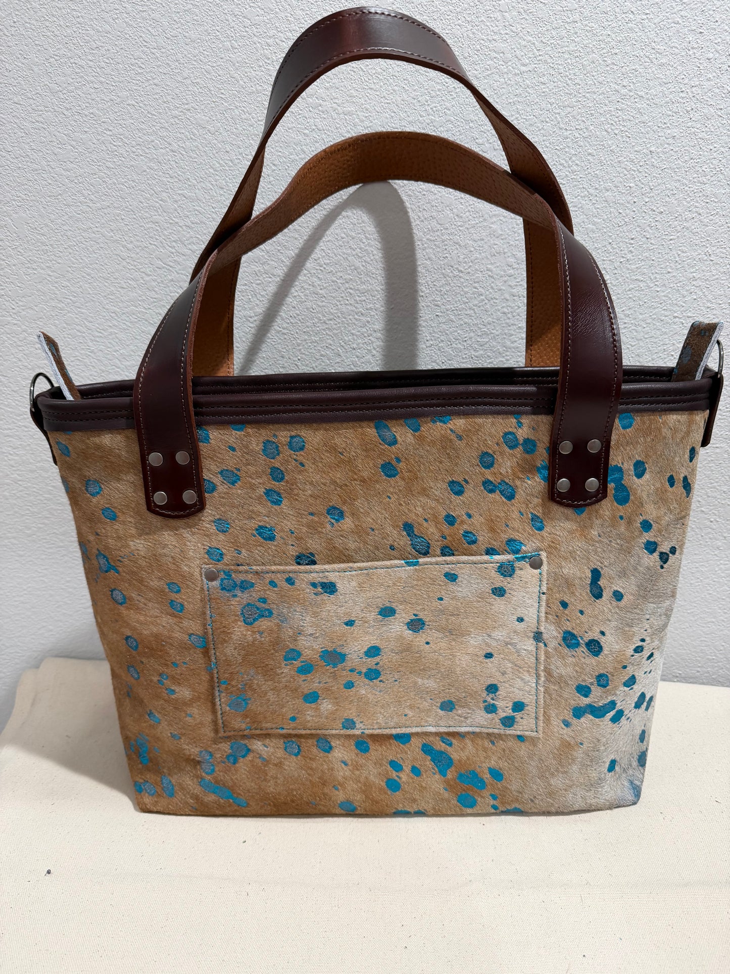 Brown/Metallic Teal Large Leather Tote