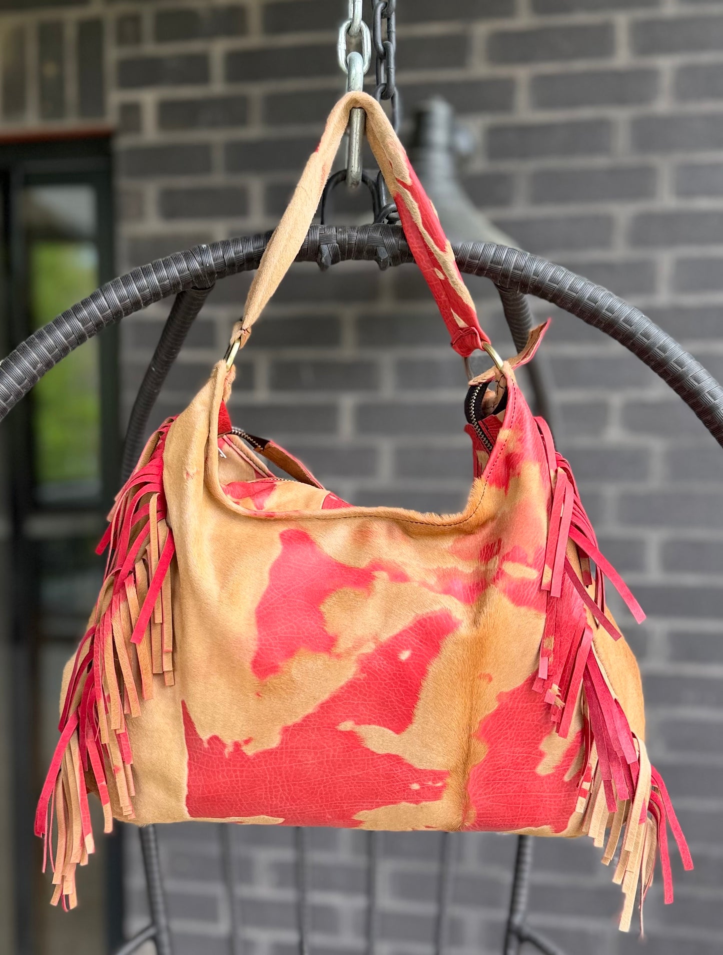 Fringe Leather BOHO Bag Red/Tan