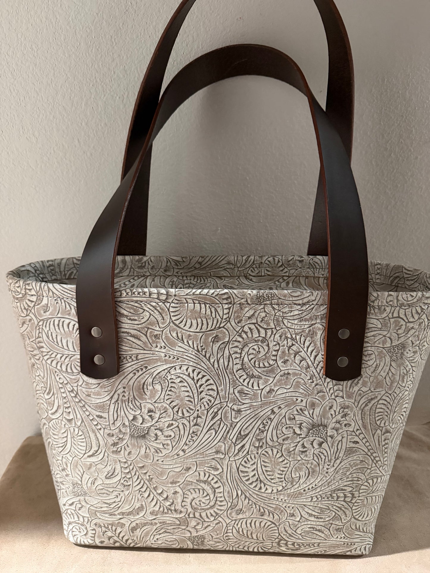 Antique White Embossed Medium Leather Tote