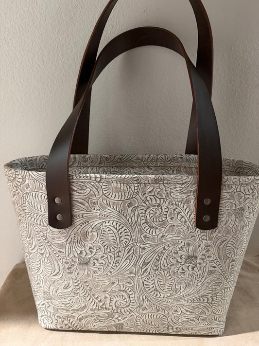 Antique White Embossed Medium Leather Tote