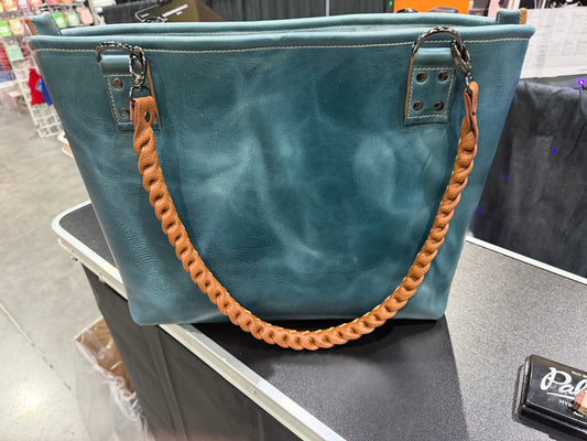 Turquoise Large Leather Bag with Braided Leather Handles