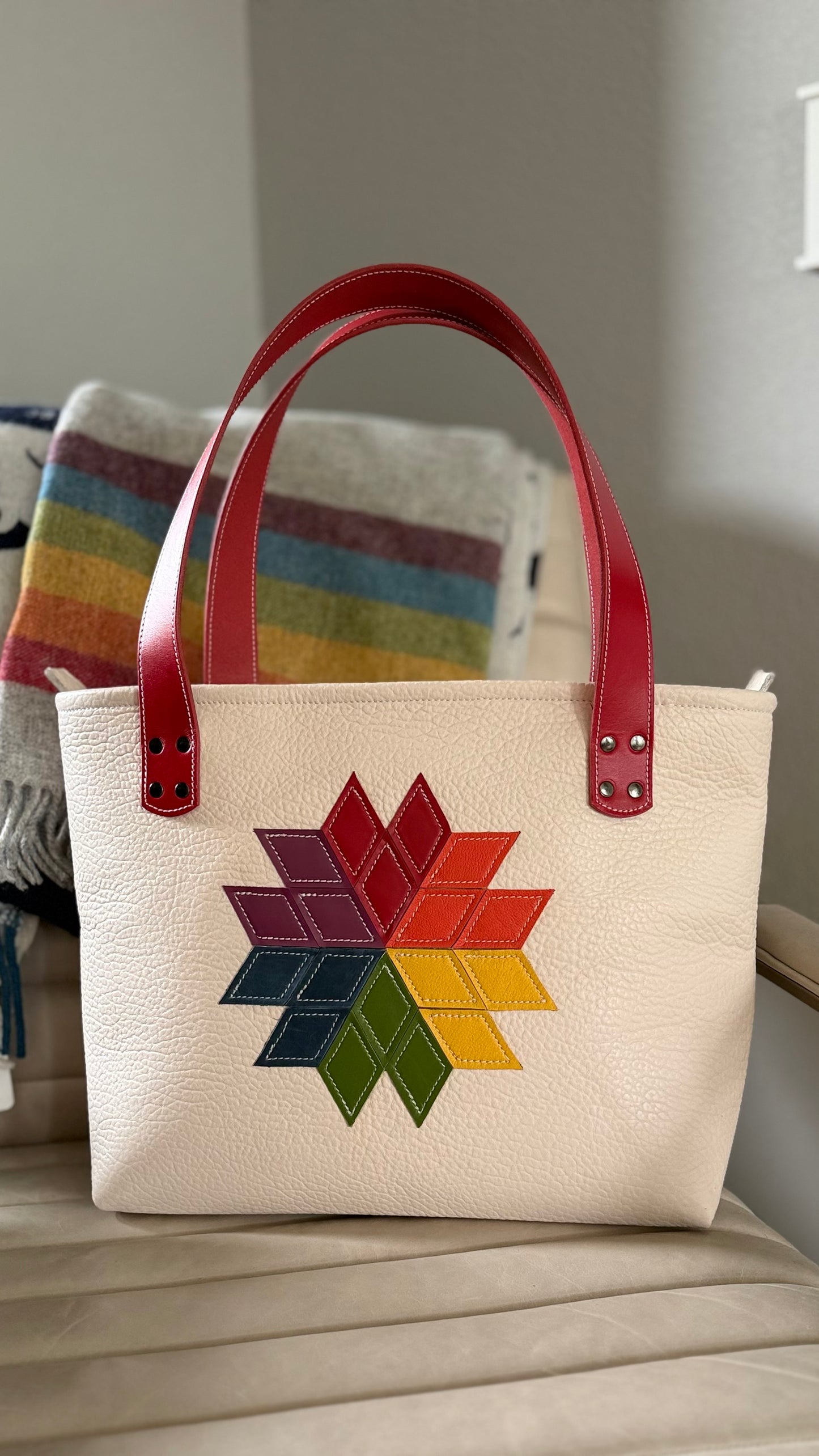 Rainbow Quilted Star on White Leather Large  Bag