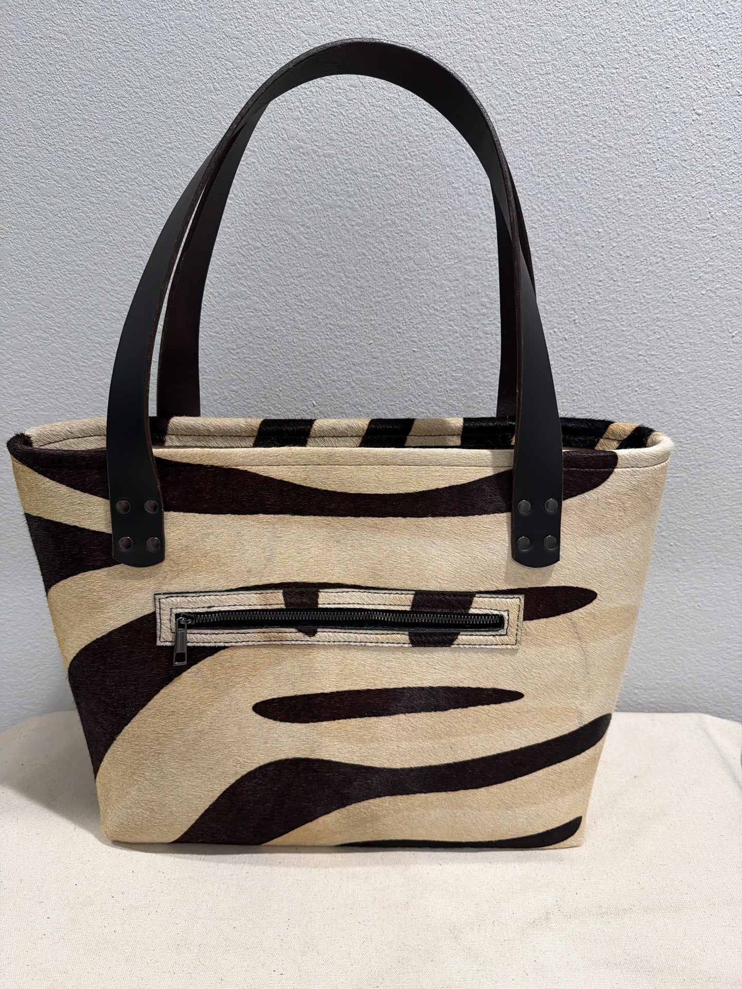 Rustic Zebra Print Cowhide Large Leather Tote Bag V2