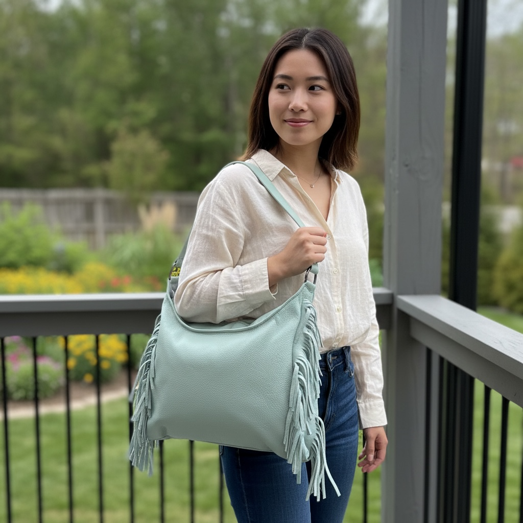 Fringe Leather BOHO Bag Blue Zephyr