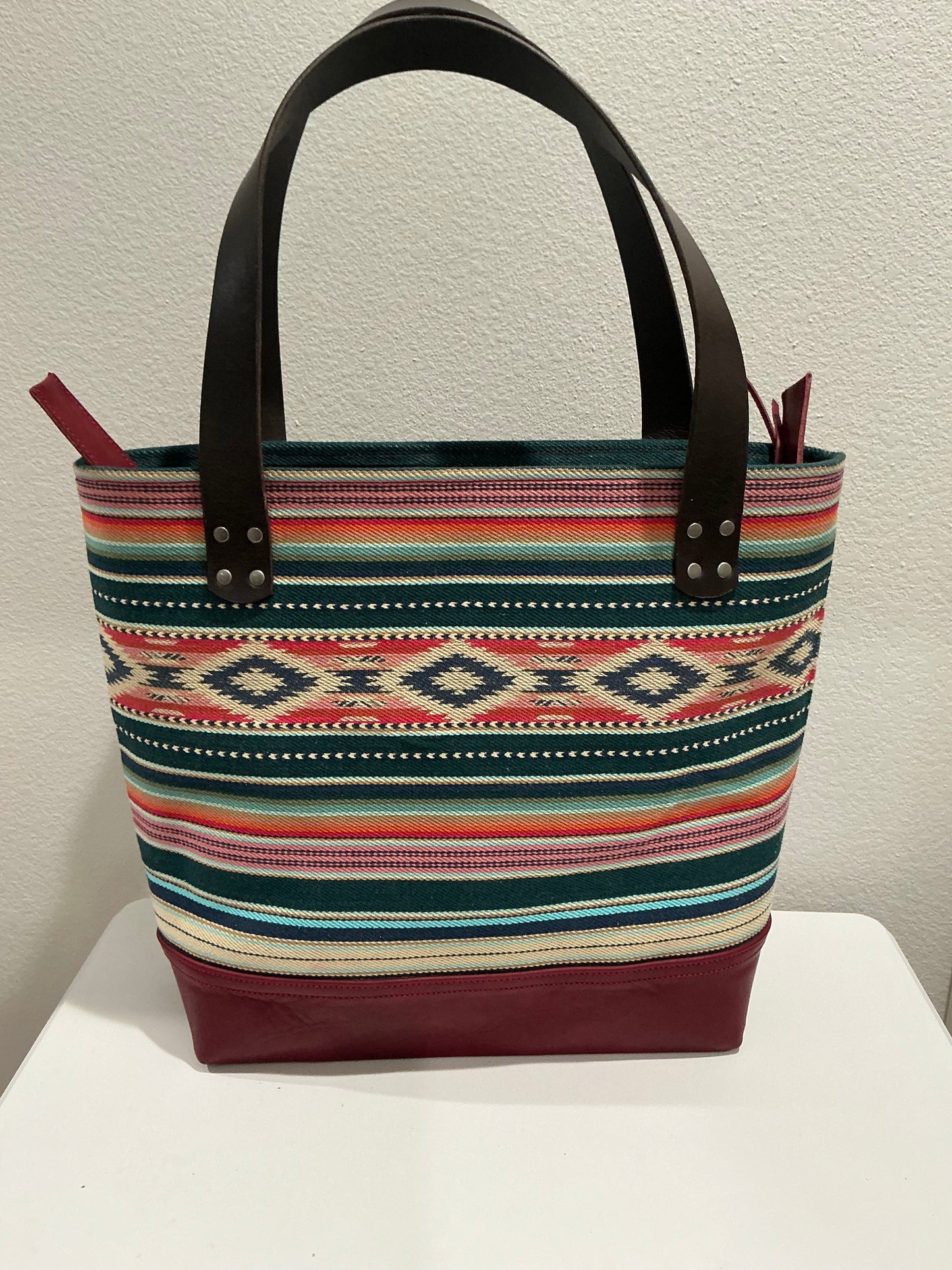 Leather and Southwestern Woven Fabric Tote - Burgundy/Green