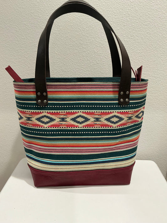 Leather and Southwestern Woven Fabric Tote - Burgundy/Green