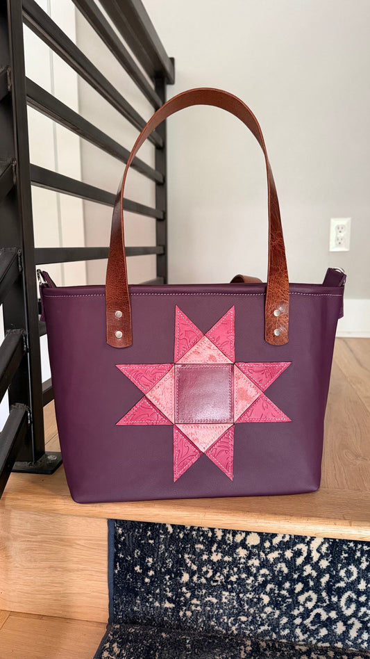 Pink Sawtooth Star on Eggplant Leather Medium Bag