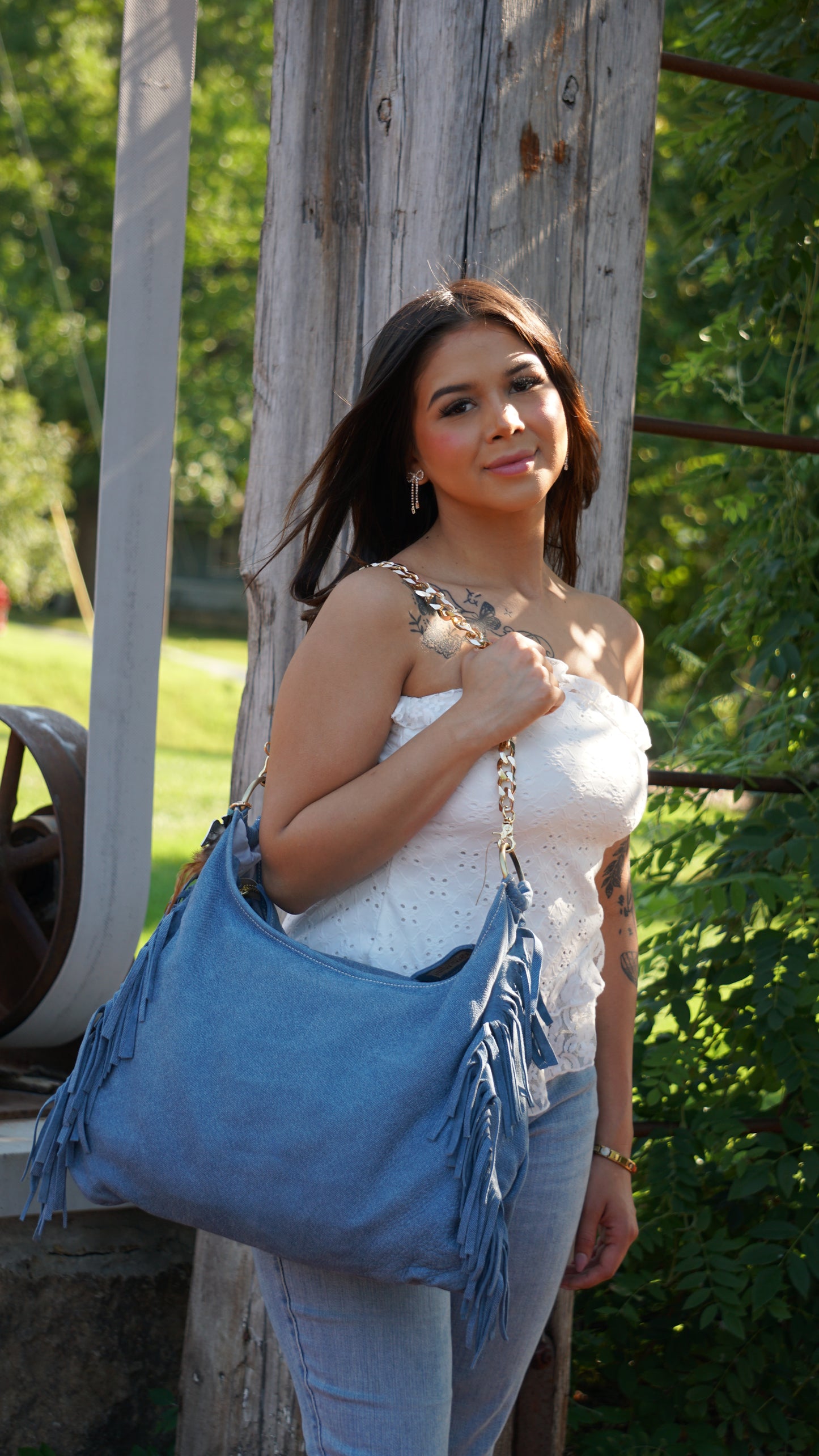 Fringe Leather BOHO Bag Blue Jean