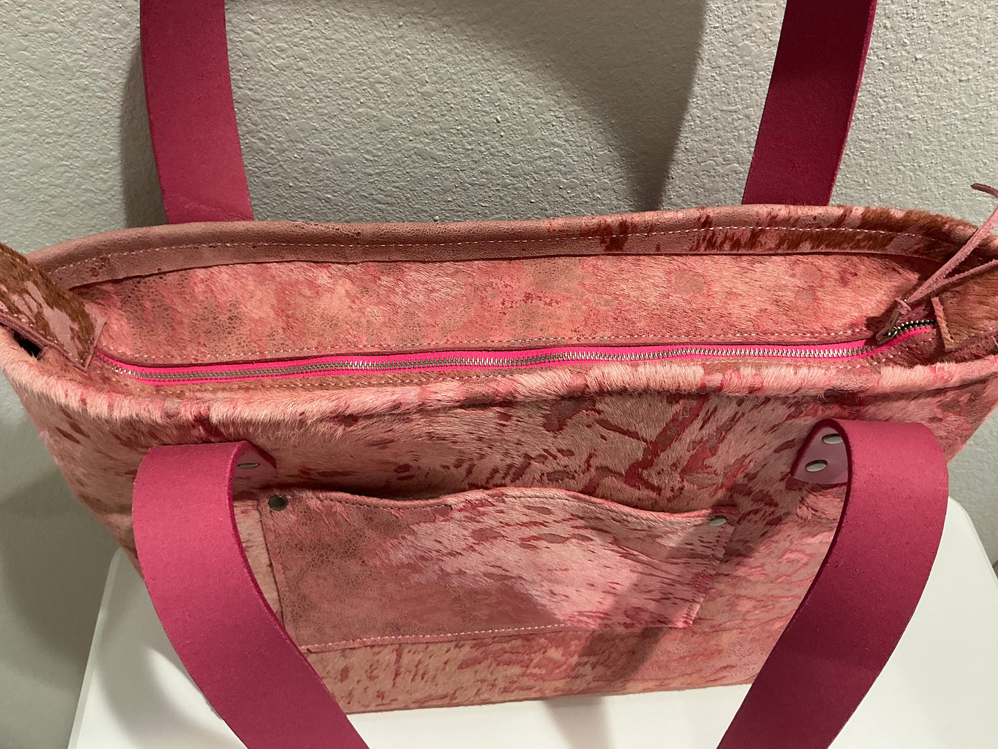 Large Leather Tote Bag - Pink Cowhide 2