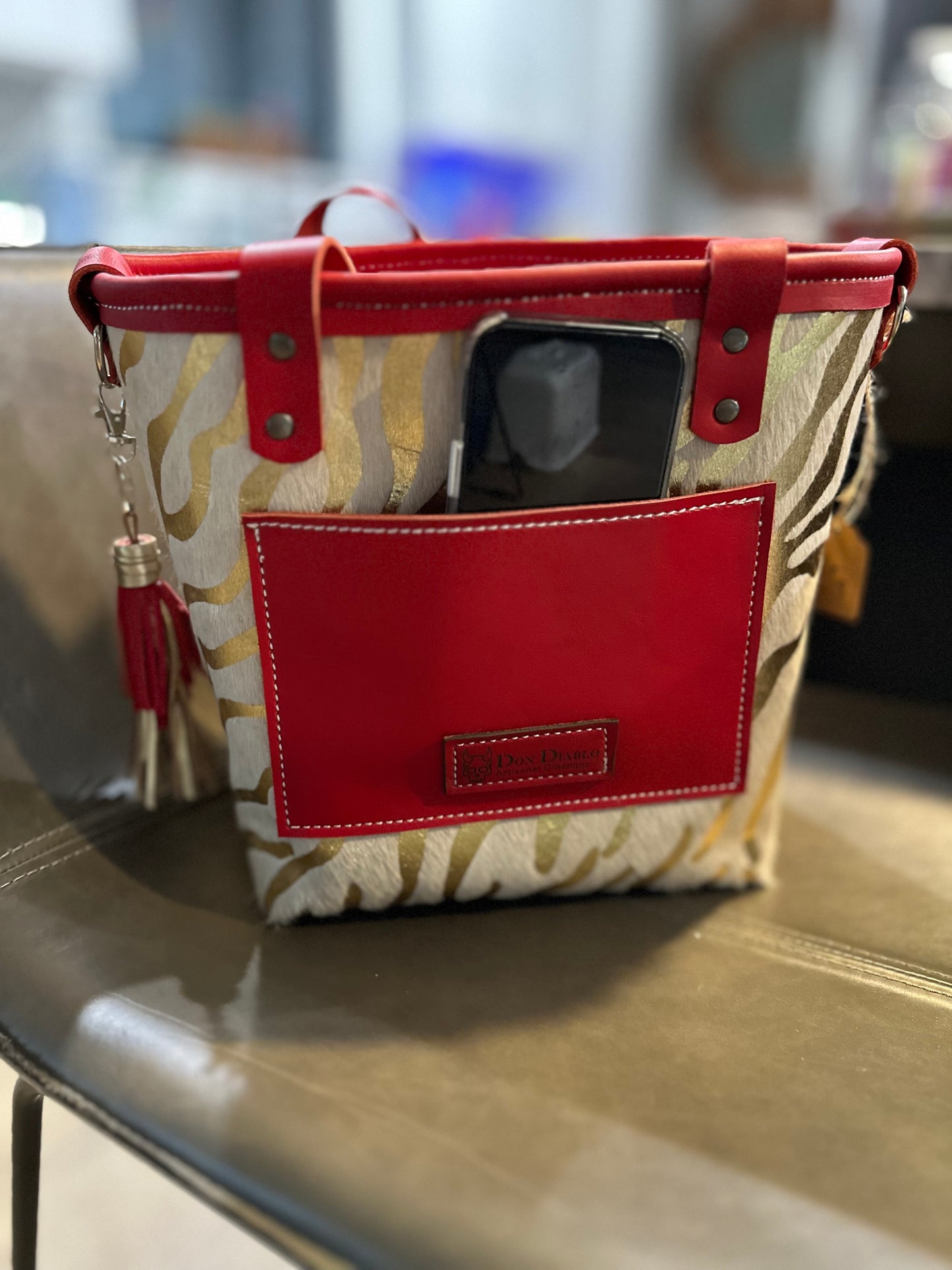 Small Leather Tote Bag - Red/White/Gold