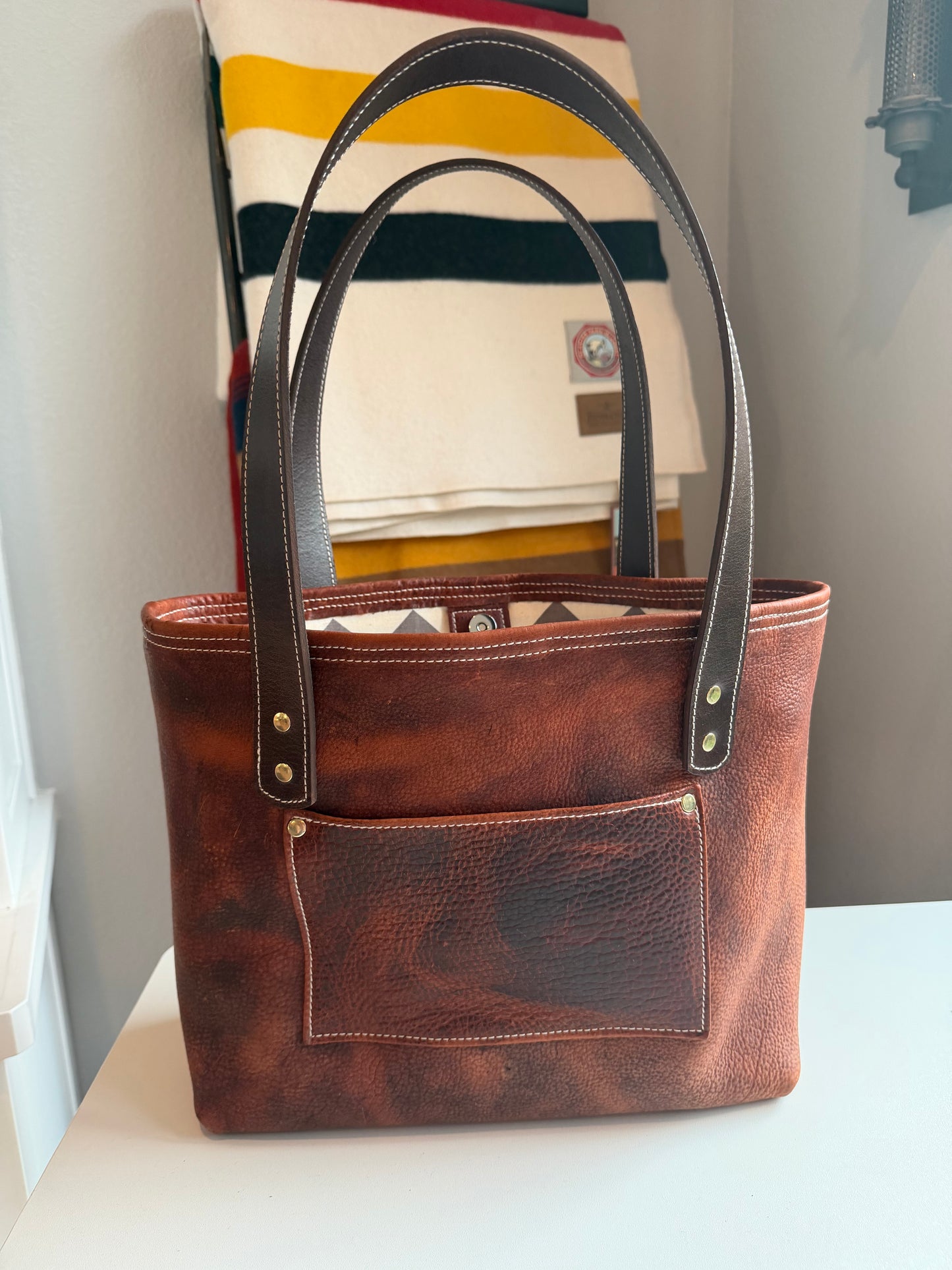 Medium Leather Tote Bag - American Bison A