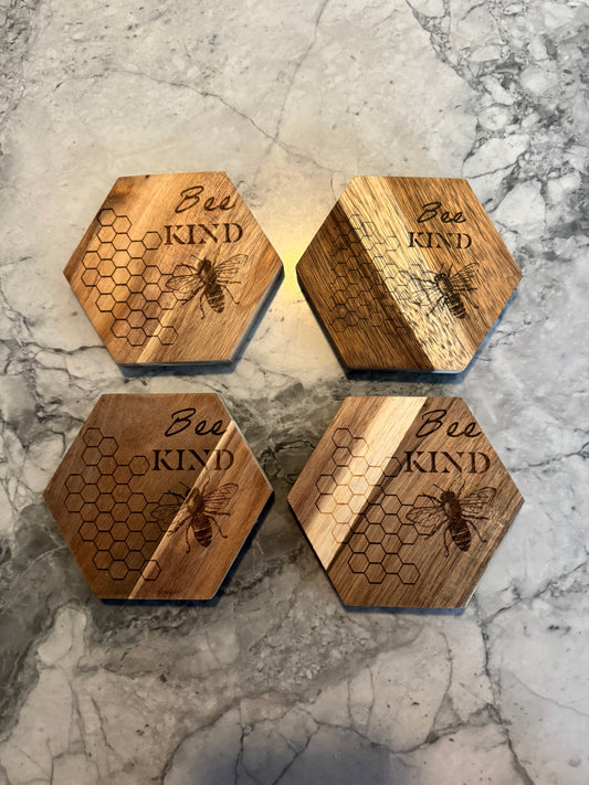 “Bee Kind” Wooden Coaster Set