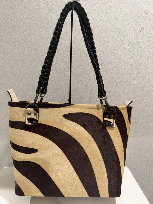 Rustic Zebra Print Cowhide Large Leather Tote Bag V3