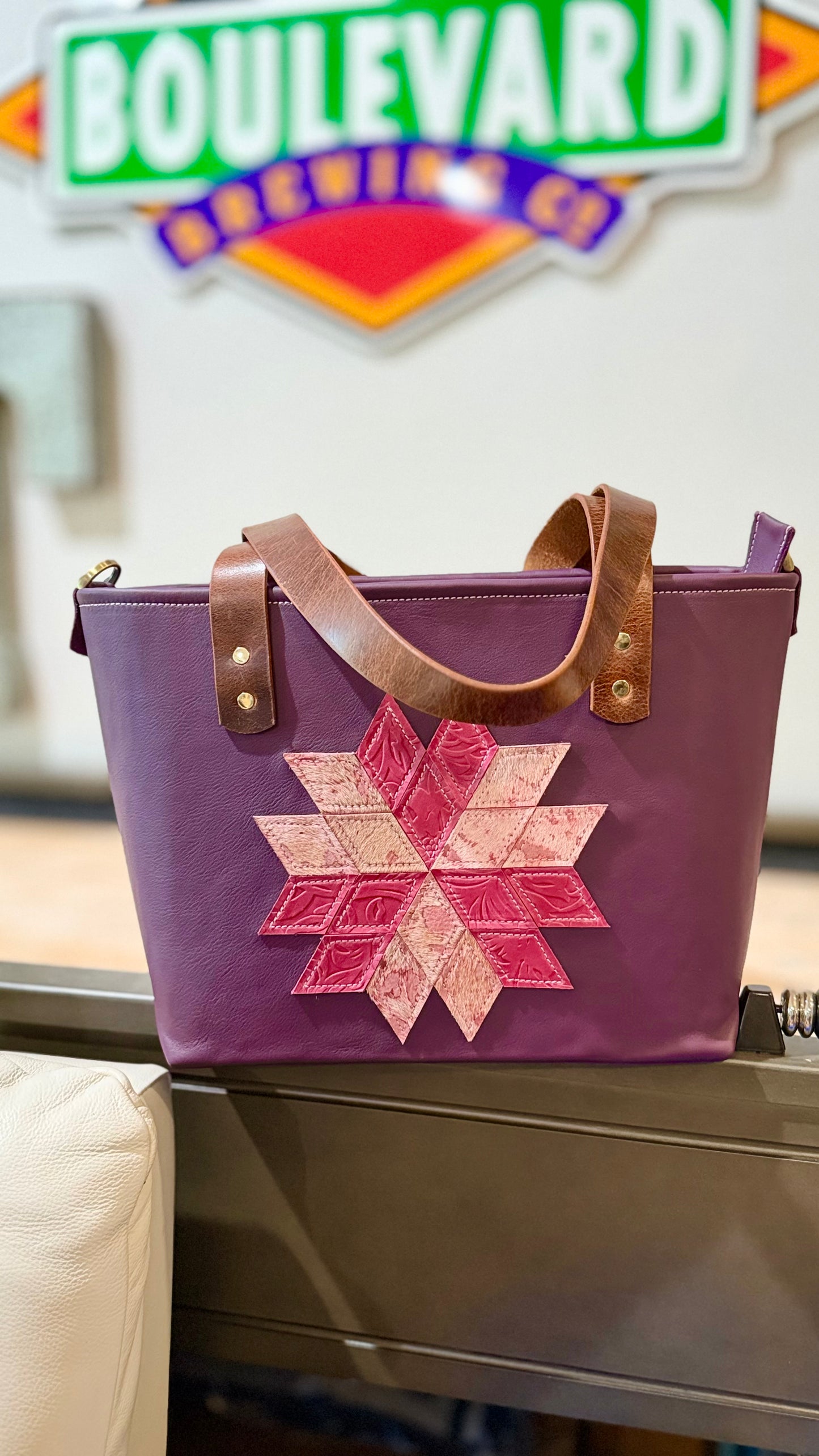 Pink Quilt Star on Eggplant Leather Medium Bag
