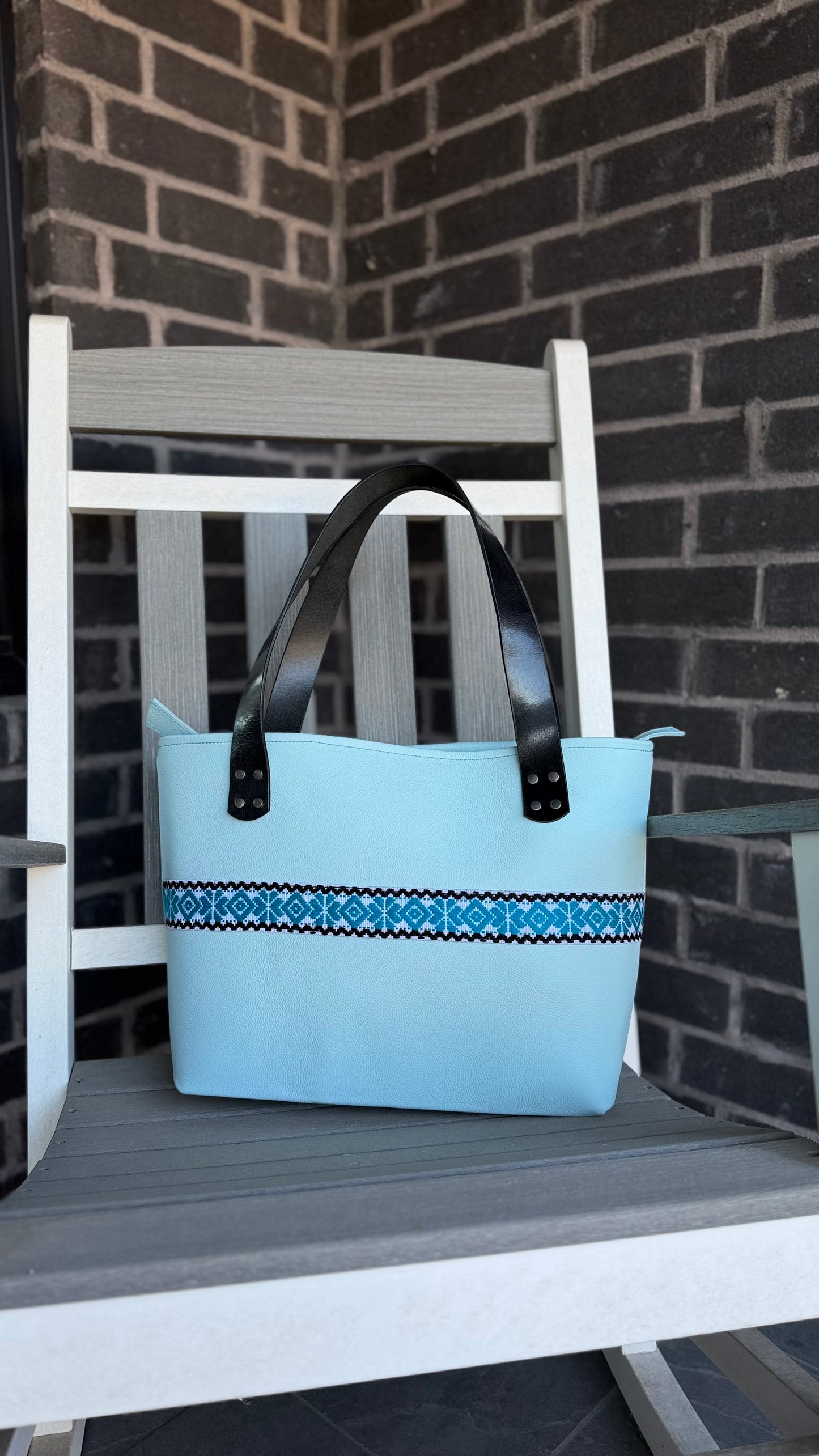 Zephyr Blue Large Leather Tote W/ Hand Embroidered Band