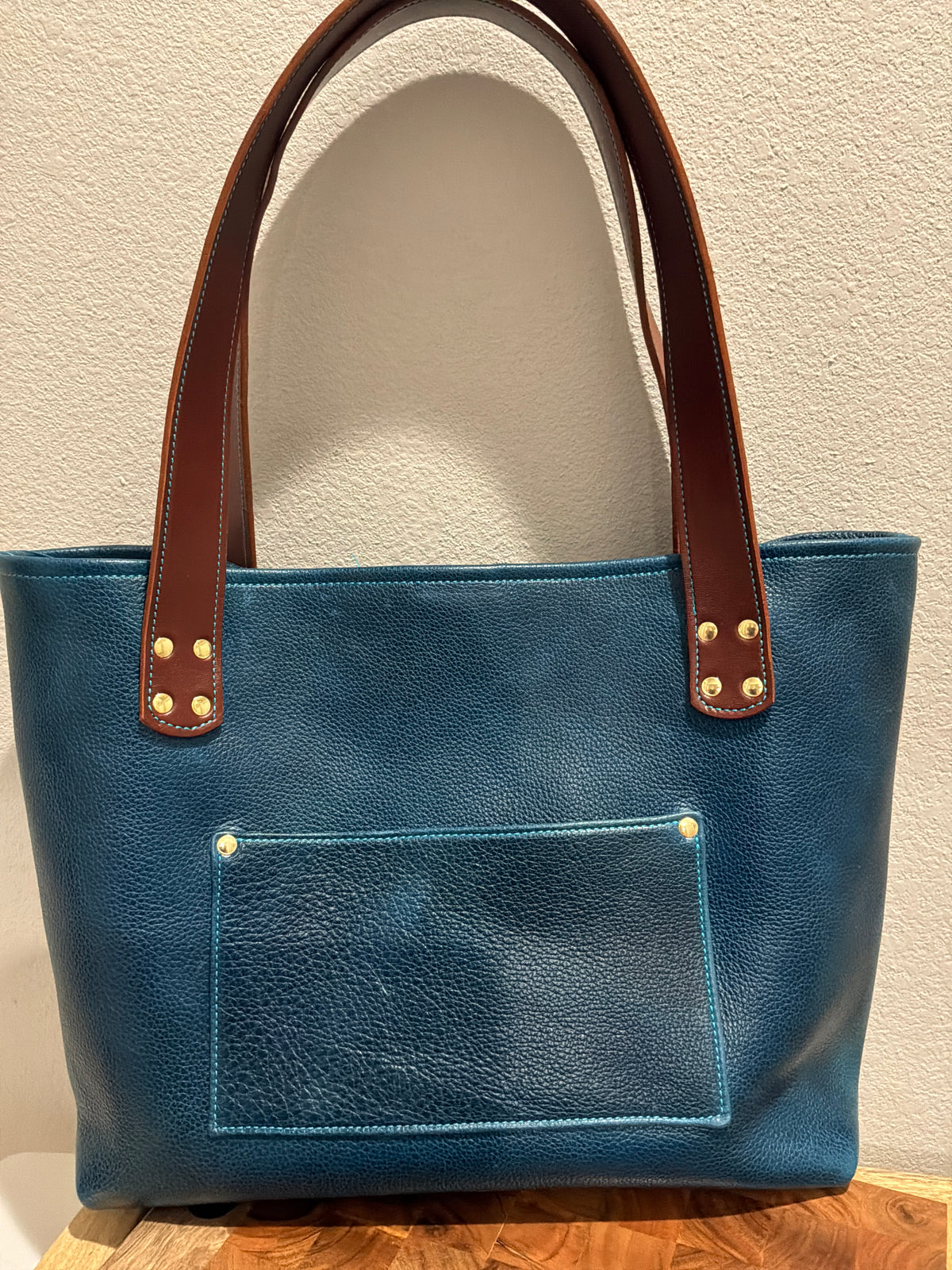 Large Leather Tote Bag - Desert Indigo- Brown Handles