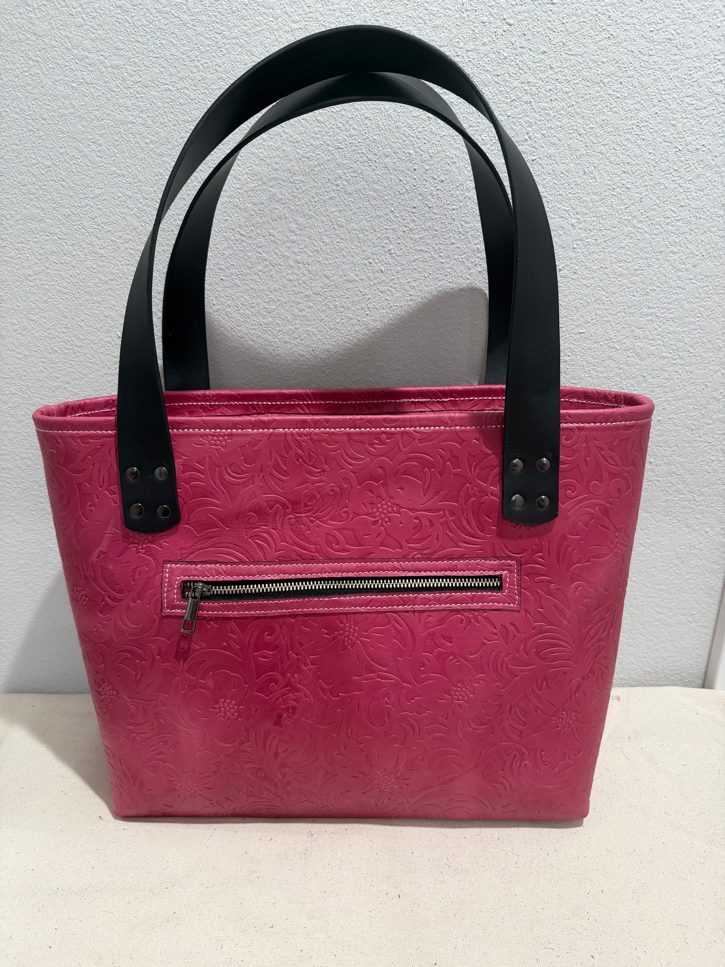 Blush Pink Floral Embossed Large Leather Tote Bag