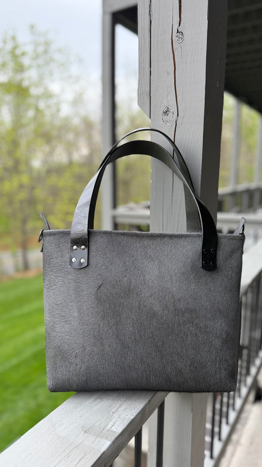Gray Cowhide Large Leather Tote