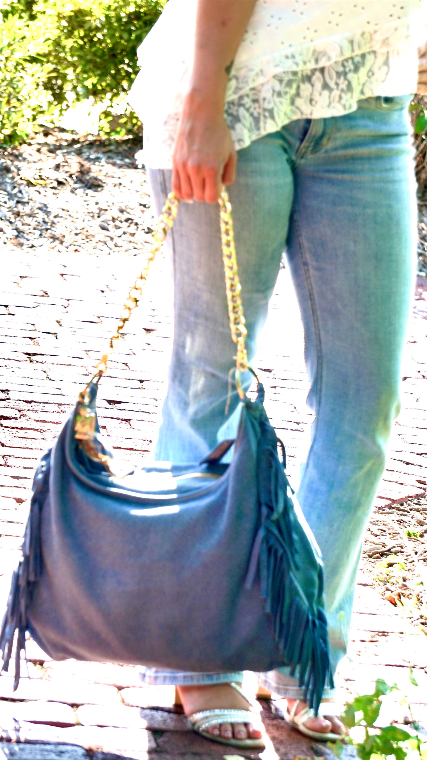 Fringe Leather BOHO Bag Blue Jean
