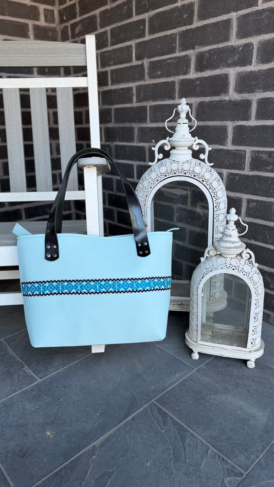 Zephyr Blue Large Leather Tote W/ Hand Embroidered Band