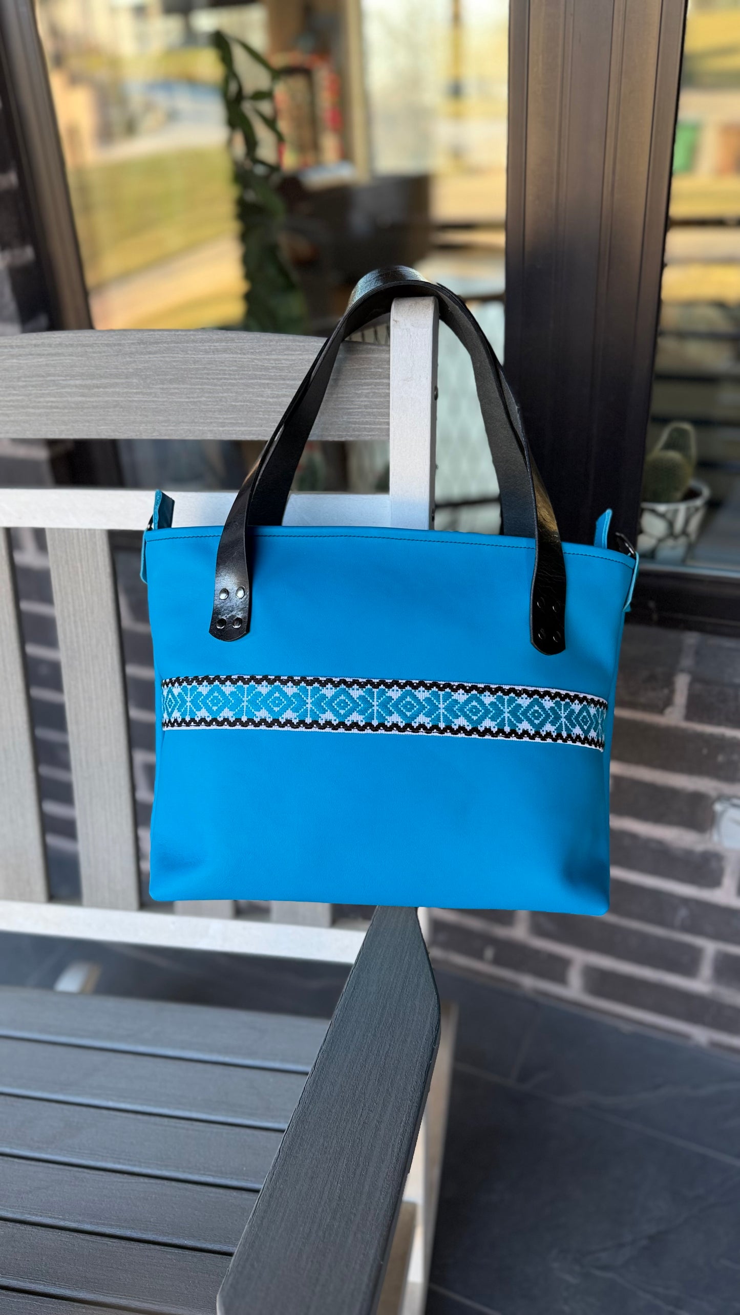 Frida Blue Large Leather Tote W/ Hand Embroidered Band