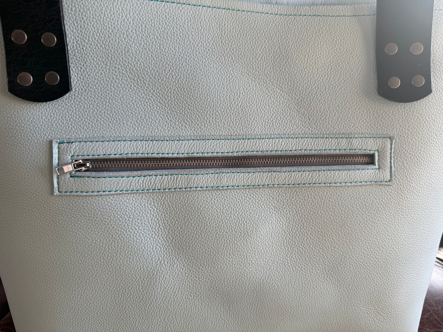 Zephyr Blue Large Leather Tote W/ Hand Embroidered Band