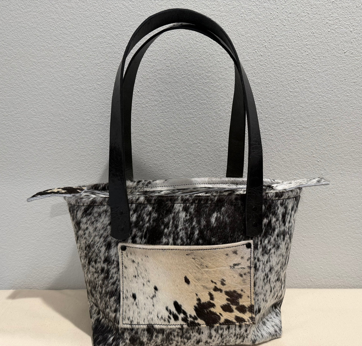 Medium Leather Tote Bag - Black/White Cowhide 1