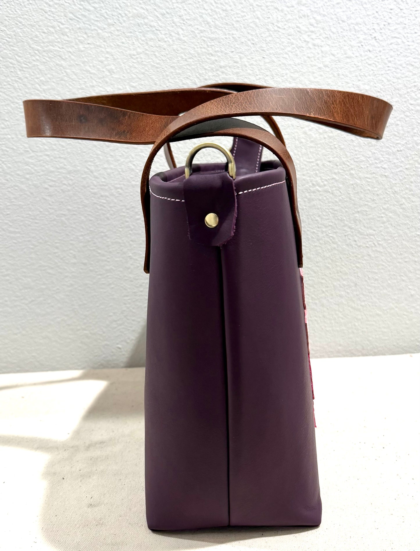Pink Quilt Star on Eggplant Leather Medium Bag