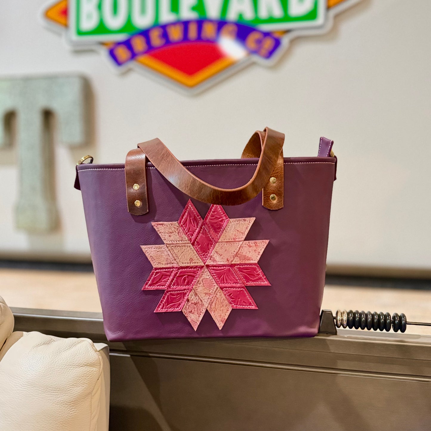 Pink Quilt Star on Eggplant Leather Medium Bag