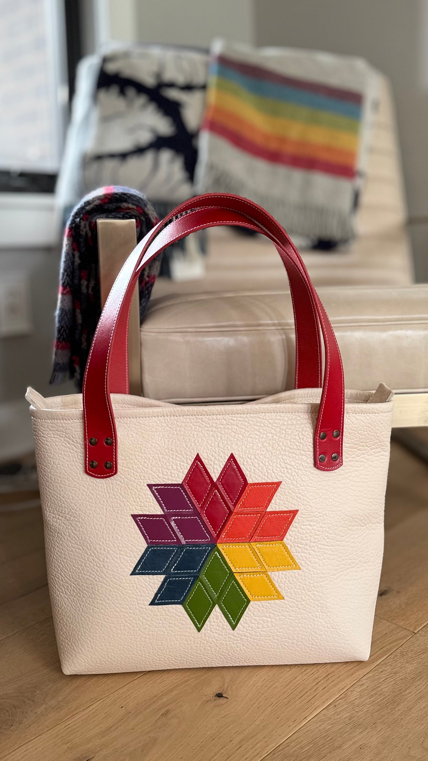 Rainbow Quilted Star on White Leather Large  Bag