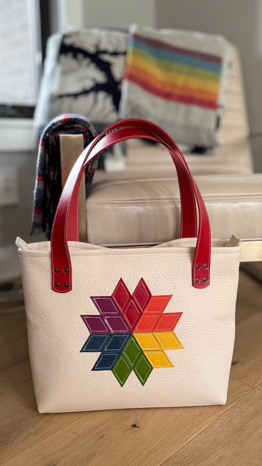 Rainbow Quilted Star on White Leather Large  Bag