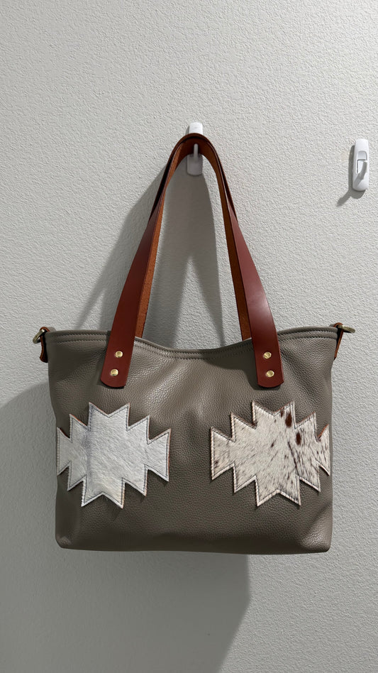 Medium Leather Tote Bag -  Taupe White Sands